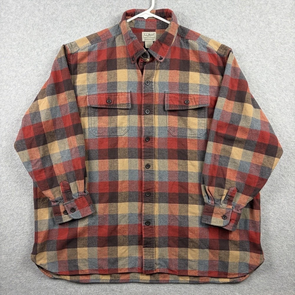 LL Bean Shirt Mens XXL 2XL Chamois Plaid Outdoor Cabin Brushed Heavy Flannel